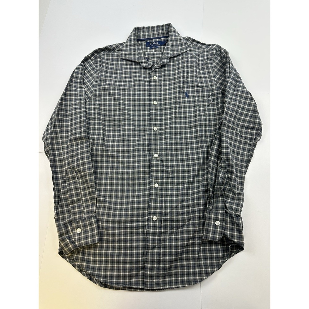 Ralph Lauren Mens Medium Slim Fit Plaid Button Down Shirt Blue Gray Blue Cotton